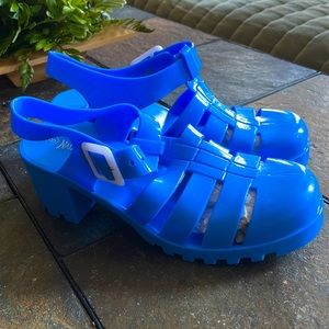 NEW Blue Retro PVC GLADIATOR JELLY Chunky Heel Sandal
